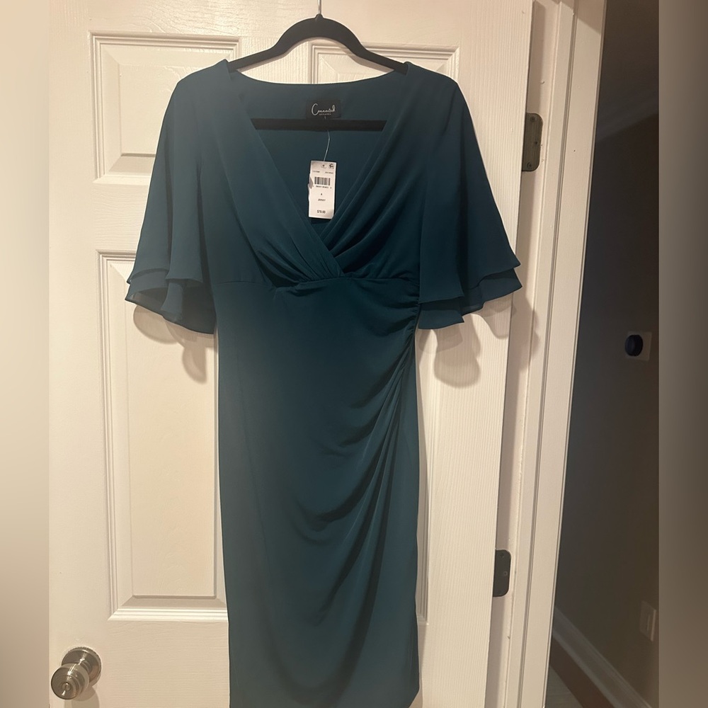 connected apparel Teal Midi Dress with Draped Wrap Bodice
